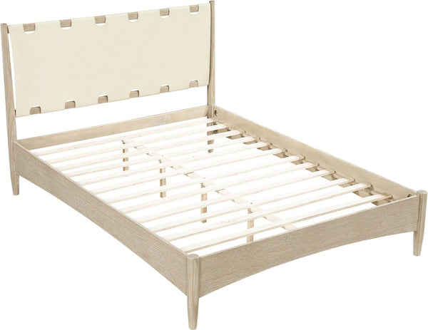 Meridian Furniture Santos Art Deco Queen Platform Bed Vegan Leather Headboard Cerused Wood Frame Bedroom Cream Style A B1264Cream-Q