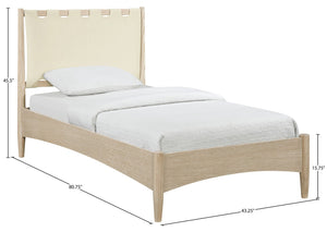Meridian Furniture Santos Art Deco Twin Bed Vegan Leather Upholstered Headboard Cerused Wood Frame Bedroom Cream B1264Cream-T