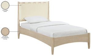 Meridian Furniture Santos Art Deco Twin Bed Vegan Leather Upholstered Headboard Cerused Wood Frame Bedroom Cream B1264Cream-T