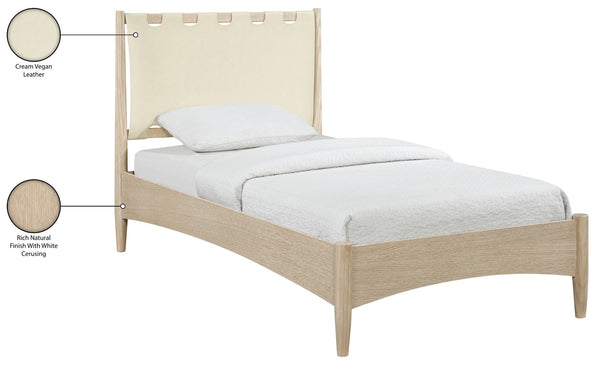 Meridian Furniture Santos Art Deco Twin Bed Vegan Leather Upholstered Headboard Cerused Wood Frame Bedroom Cream B1264Cream-T