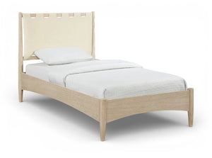 Meridian Furniture Santos Art Deco Twin Bed Vegan Leather Upholstered Headboard Cerused Wood Frame Bedroom Cream B1264Cream-T