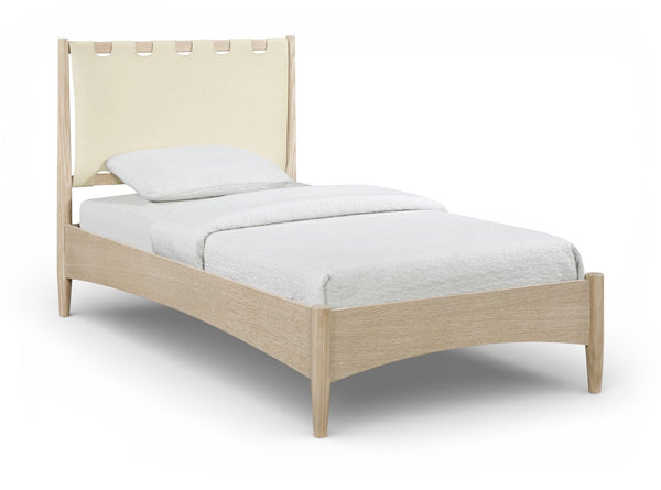 Meridian Furniture Santos Art Deco Twin Bed Vegan Leather Upholstered Headboard Cerused Wood Frame Bedroom Cream B1264Cream-T