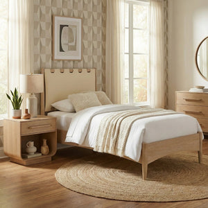 Meridian Furniture Santos Art Deco Twin Bed Vegan Leather Upholstered Headboard Cerused Wood Frame Bedroom Cream B1264Cream-T