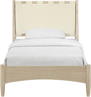 Meridian Furniture Santos Art Deco Twin Bed Vegan Leather Upholstered Headboard Cerused Wood Frame Bedroom Cream B1264Cream-T