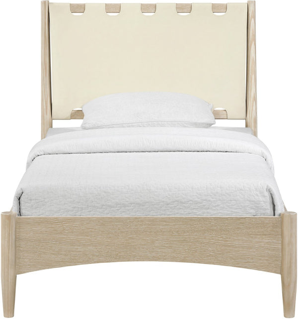 Meridian Furniture Santos Art Deco Twin Bed Vegan Leather Upholstered Headboard Cerused Wood Frame Bedroom Cream B1264Cream-T