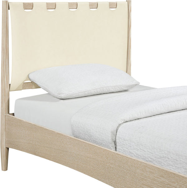 Meridian Furniture Santos Art Deco Twin Bed Vegan Leather Upholstered Headboard Cerused Wood Frame Bedroom Cream B1264Cream-T