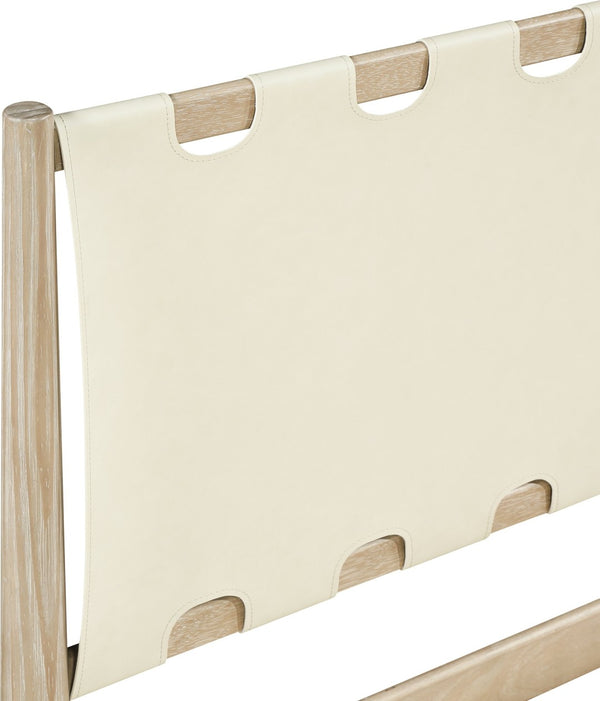 Meridian Furniture Santos Art Deco Twin Bed Vegan Leather Upholstered Headboard Cerused Wood Frame Bedroom Cream B1264Cream-T