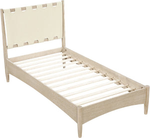 Meridian Furniture Santos Art Deco Twin Bed Vegan Leather Upholstered Headboard Cerused Wood Frame Bedroom Cream B1264Cream-T