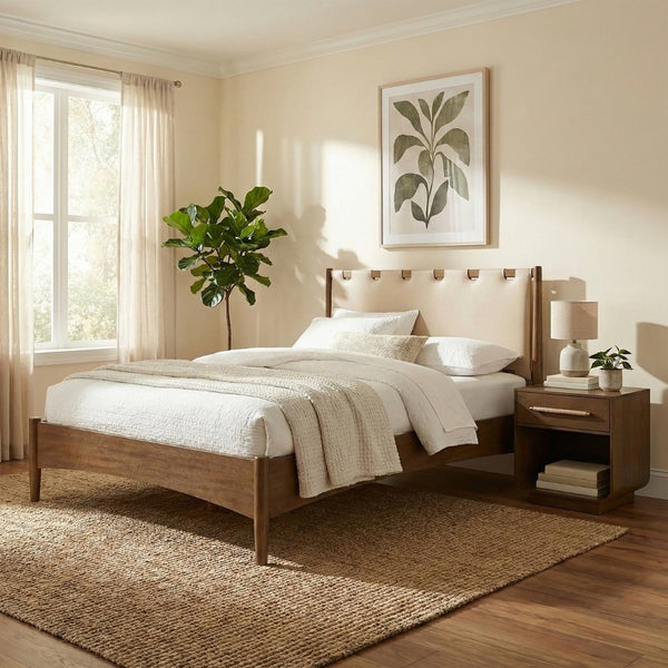 Meridian Furniture Santos Art Deco Full Bed Vegan Leather Curved Headboard Wood Frame Stylish Bedroom Beige B1265Beige-F