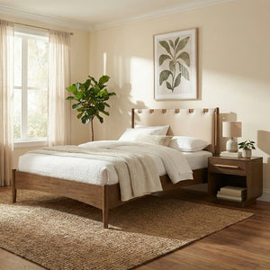 Meridian Furniture Santos Art Deco King Bed Vegan Leather Headboard Wood Platform Frame Bedroom Beige Style B B1265Beige-K