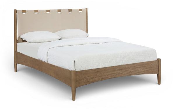 Meridian Furniture Santos Art Deco Queen Platform Bed Vegan Leather Headboard Cerused Wood Frame Bedroom Beige Style B B1265Beige-Q