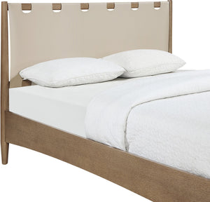 Meridian Furniture Santos Art Deco Queen Platform Bed Vegan Leather Headboard Cerused Wood Frame Bedroom Beige Style B B1265Beige-Q