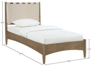 Meridian Furniture Santos Art Deco Twin Bed Vegan Leather Upholstered Headboard Cerused Wood Frame Bedroom Beige B1265Beige-T