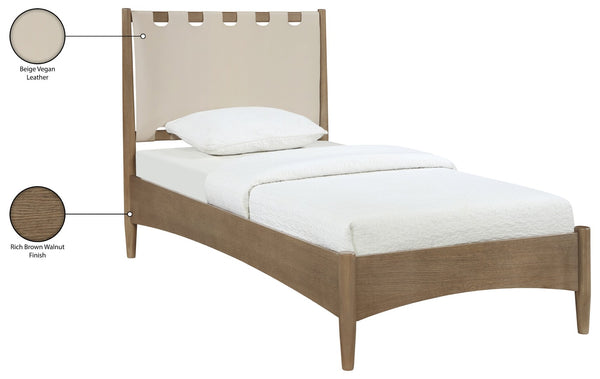 Meridian Furniture Santos Art Deco Twin Bed Vegan Leather Upholstered Headboard Cerused Wood Frame Bedroom Beige B1265Beige-T