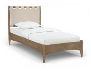 Meridian Furniture Santos Art Deco Twin Bed Vegan Leather Upholstered Headboard Cerused Wood Frame Bedroom Beige B1265Beige-T