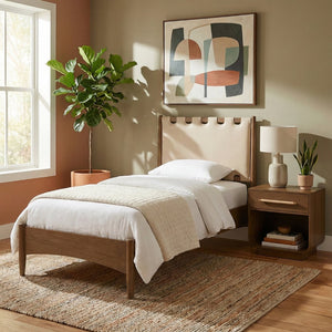 Meridian Furniture Santos Art Deco Twin Bed Vegan Leather Upholstered Headboard Cerused Wood Frame Bedroom Beige B1265Beige-T