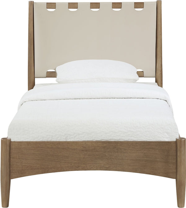 Meridian Furniture Santos Art Deco Twin Bed Vegan Leather Upholstered Headboard Cerused Wood Frame Bedroom Beige B1265Beige-T