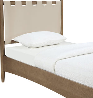 Meridian Furniture Santos Art Deco Twin Bed Vegan Leather Upholstered Headboard Cerused Wood Frame Bedroom Beige B1265Beige-T