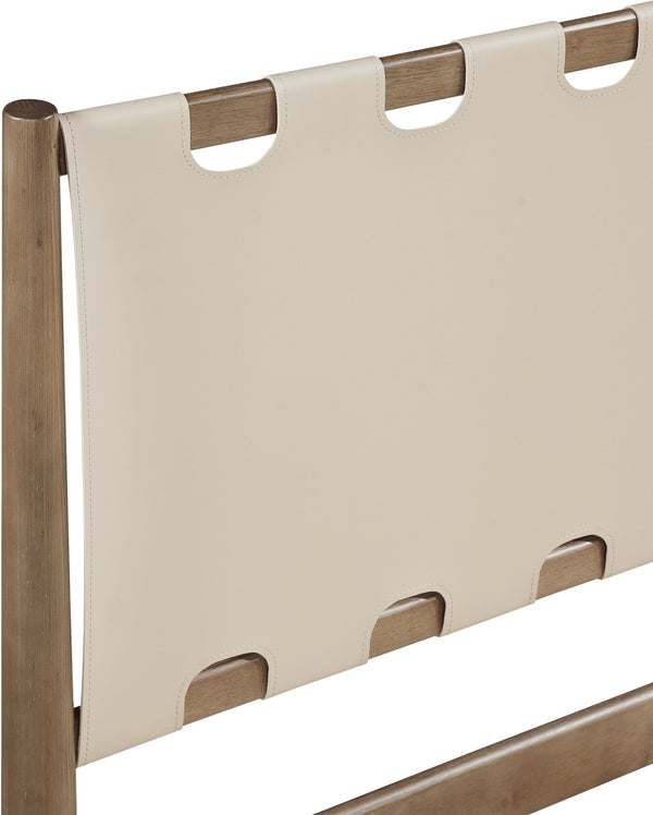 Meridian Furniture Santos Art Deco Twin Bed Vegan Leather Upholstered Headboard Cerused Wood Frame Bedroom Beige B1265Beige-T
