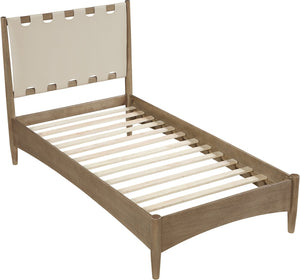 Meridian Furniture Santos Art Deco Twin Bed Vegan Leather Upholstered Headboard Cerused Wood Frame Bedroom Beige B1265Beige-T