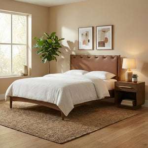 Meridian Furniture Santos Art Deco Queen Platform Bed Vegan Leather Headboard Cerused Wood Frame Bedroom Brown Style B B1265Brown-Q