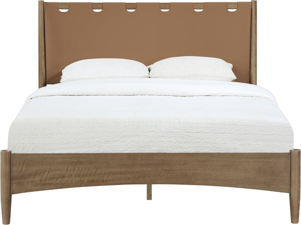 Meridian Furniture Santos Art Deco Queen Platform Bed Vegan Leather Headboard Cerused Wood Frame Bedroom Brown Style B B1265Brown-Q