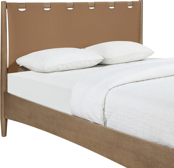 Meridian Furniture Santos Art Deco Queen Platform Bed Vegan Leather Headboard Cerused Wood Frame Bedroom Brown Style B B1265Brown-Q