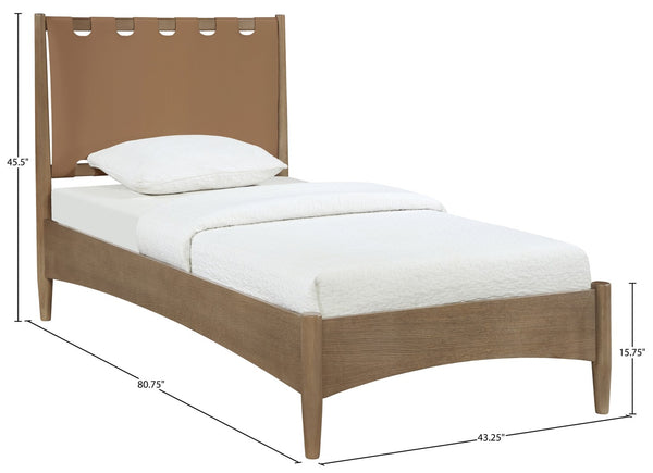 Meridian Furniture Santos Art Deco Twin Bed Vegan Leather Upholstered Headboard Cerused Wood Frame Bedroom Brown - B B1265Brown-T