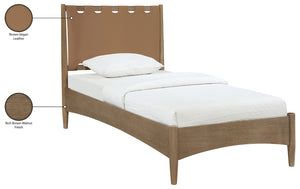 Meridian Furniture Santos Art Deco Twin Bed Vegan Leather Upholstered Headboard Cerused Wood Frame Bedroom Brown - B B1265Brown-T