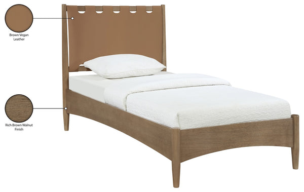 Meridian Furniture Santos Art Deco Twin Bed Vegan Leather Upholstered Headboard Cerused Wood Frame Bedroom Brown - B B1265Brown-T