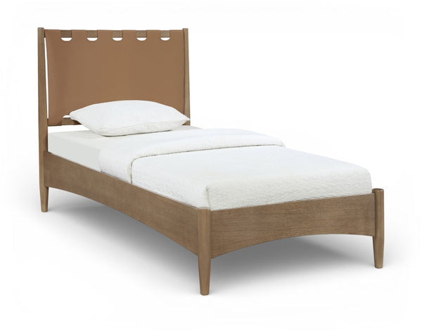 Meridian Furniture Santos Art Deco Twin Bed Vegan Leather Upholstered Headboard Cerused Wood Frame Bedroom Brown - B B1265Brown-T