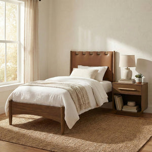Meridian Furniture Santos Art Deco Twin Bed Vegan Leather Upholstered Headboard Cerused Wood Frame Bedroom Brown - B B1265Brown-T