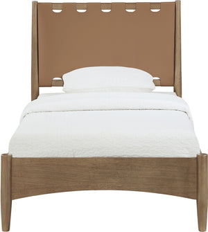 Meridian Furniture Santos Art Deco Twin Bed Vegan Leather Upholstered Headboard Cerused Wood Frame Bedroom Brown - B B1265Brown-T