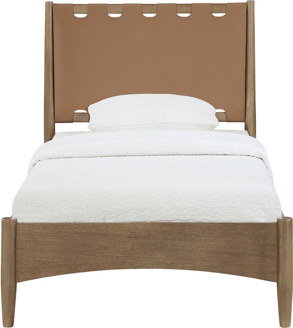Meridian Furniture Santos Art Deco Twin Bed Vegan Leather Upholstered Headboard Cerused Wood Frame Bedroom Brown - B B1265Brown-T