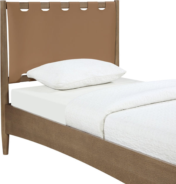 Meridian Furniture Santos Art Deco Twin Bed Vegan Leather Upholstered Headboard Cerused Wood Frame Bedroom Brown - B B1265Brown-T