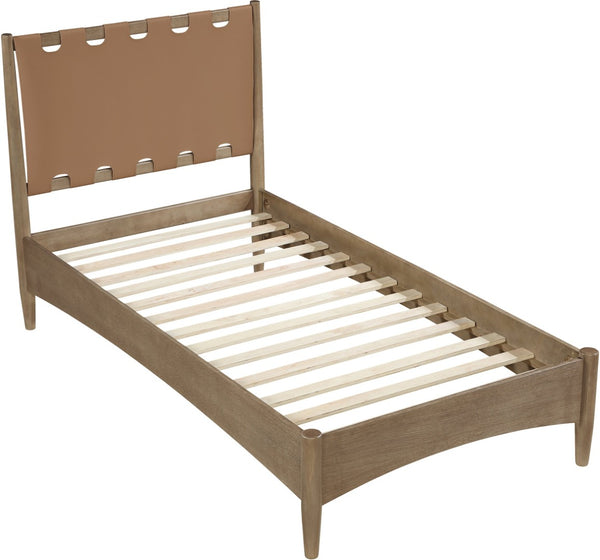 Meridian Furniture Santos Art Deco Twin Bed Vegan Leather Upholstered Headboard Cerused Wood Frame Bedroom Brown - B B1265Brown-T