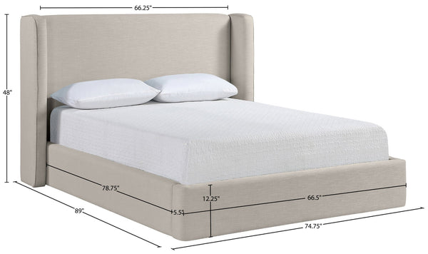 Meridian Furniture Kendall Winged Queen Bed Fully Upholstered Tailored Frame for Modern Bedroom Styling Beige Linen Textured Fabric B1282Beige-Q
