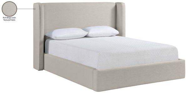 Meridian Furniture Kendall Winged Queen Bed Fully Upholstered Tailored Frame for Modern Bedroom Styling Beige Linen Textured Fabric B1282Beige-Q