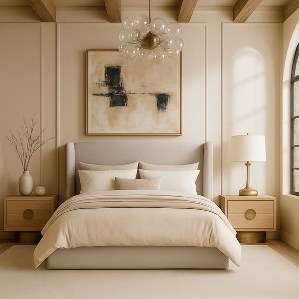 Meridian Furniture Kendall Winged Queen Bed Fully Upholstered Tailored Frame for Modern Bedroom Styling Beige Linen Textured Fabric B1282Beige-Q