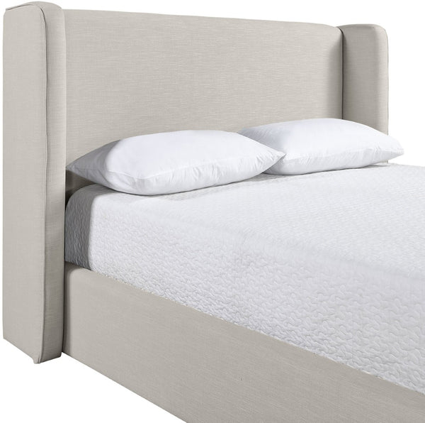 Meridian Furniture Kendall Winged Queen Bed Fully Upholstered Tailored Frame for Modern Bedroom Styling Beige Linen Textured Fabric B1282Beige-Q