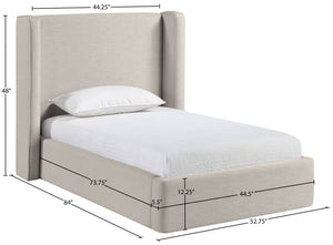 Meridian Furniture Kendall Winged Upholstered Twin Bed with Slatted Platform Base for Modern Bedrooms Beige Linen Textured Fabric B1282Beige-T