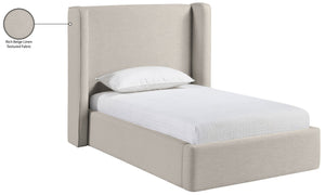 Meridian Furniture Kendall Winged Upholstered Twin Bed with Slatted Platform Base for Modern Bedrooms Beige Linen Textured Fabric B1282Beige-T
