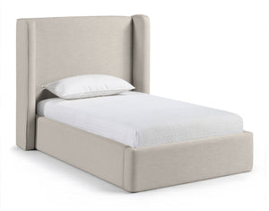 Meridian Furniture Kendall Winged Upholstered Twin Bed with Slatted Platform Base for Modern Bedrooms Beige Linen Textured Fabric B1282Beige-T