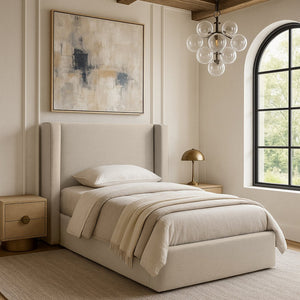 Meridian Furniture Kendall Winged Upholstered Twin Bed with Slatted Platform Base for Modern Bedrooms Beige Linen Textured Fabric B1282Beige-T