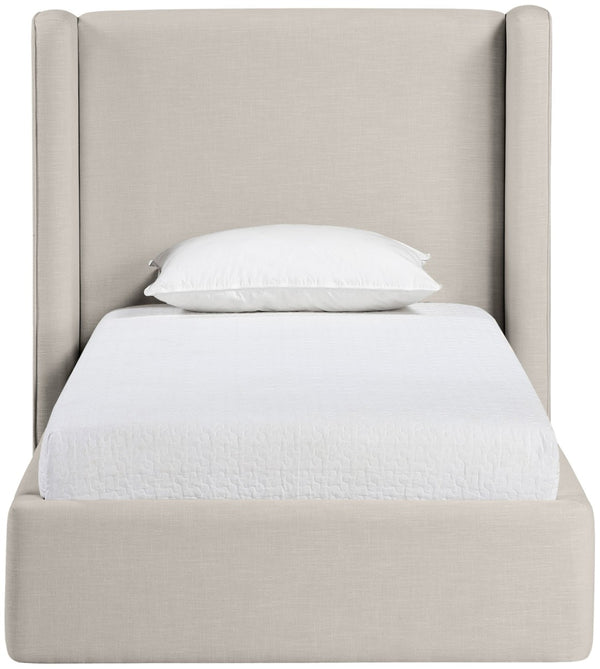Meridian Furniture Kendall Winged Upholstered Twin Bed with Slatted Platform Base for Modern Bedrooms Beige Linen Textured Fabric B1282Beige-T