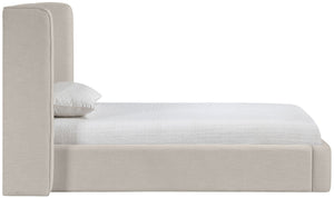 Meridian Furniture Kendall Winged Upholstered Twin Bed with Slatted Platform Base for Modern Bedrooms Beige Linen Textured Fabric B1282Beige-T