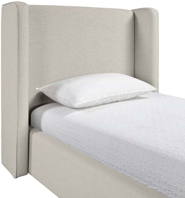 Meridian Furniture Kendall Winged Upholstered Twin Bed with Slatted Platform Base for Modern Bedrooms Beige Linen Textured Fabric B1282Beige-T