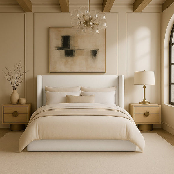 Meridian Furniture Kendall Winged Linen Full Bed with Slatted Base for Minimalist Bedroom Decor B1282Cream-F