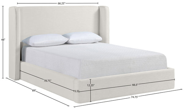 Meridian Furniture Kendall Winged Queen Bed Fully Upholstered Tailored Frame for Modern Bedroom Styling Cream Linen Textured Fabric B1282Cream-Q