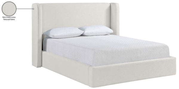 Meridian Furniture Kendall Winged Queen Bed Fully Upholstered Tailored Frame for Modern Bedroom Styling Cream Linen Textured Fabric B1282Cream-Q